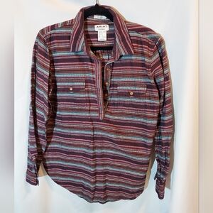 Ariat Burgundy and Teal Striped Popover 100%cotton Boho Western Shirt